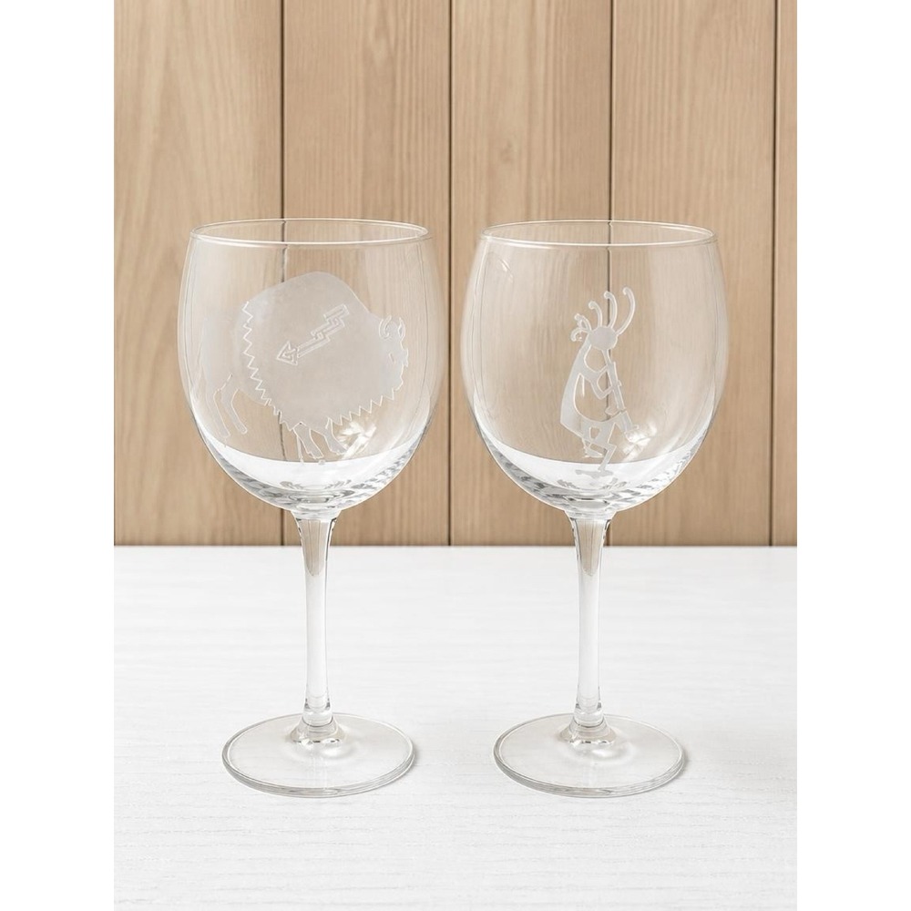 Lorraine Coyle Signed Etched Crystal Wine Glasses Pair Kokopelli Buffalo Vintage